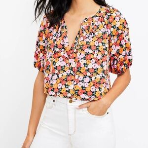 LOFT Petite Floral Tie Neck Puff Sleeve Top